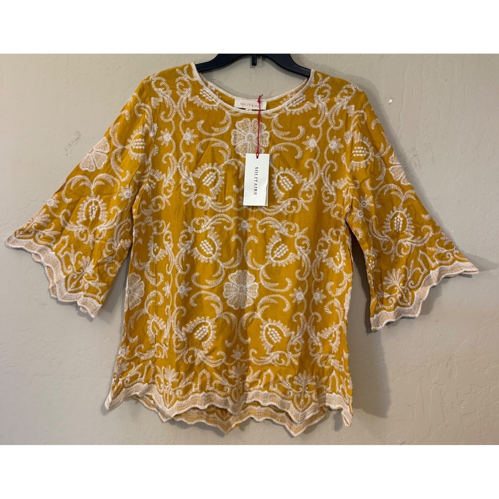 Solitaire Blouse Women Small Mustard Yellow Boho Embroidered Bell Sleeve Top NEW